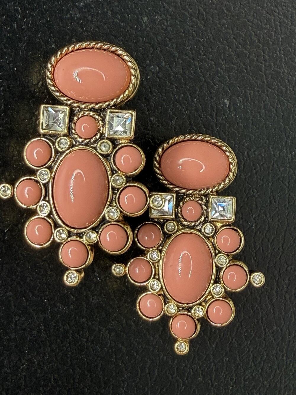 Elizabeth Taylor Avon Coral Cabochon Rhinestone Baroque Clip Earrings Vintage